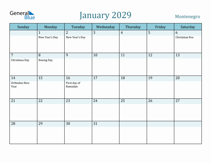 January 2029 Calendar with Holidays