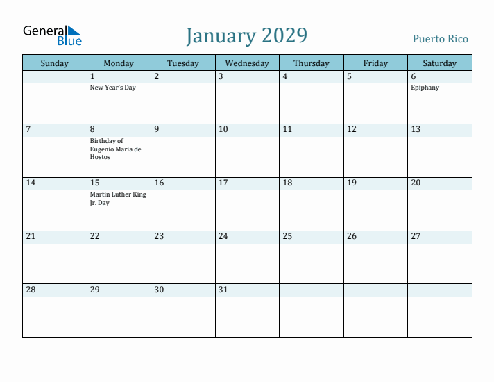 January 2029 Calendar with Holidays