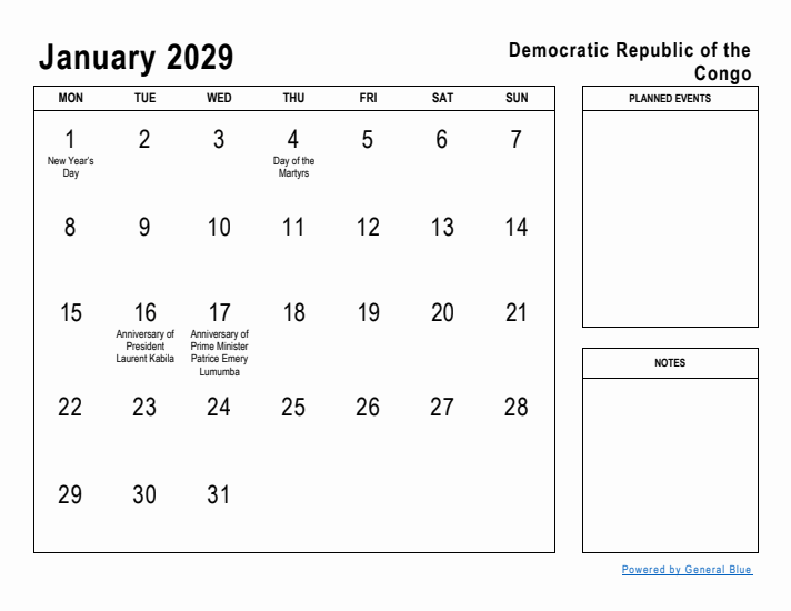 January 2029 Printable Monthly Calendar with Democratic Republic of the Congo Holidays