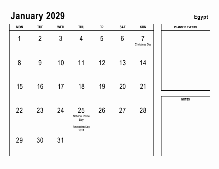 January 2029 Printable Monthly Calendar with Egypt Holidays