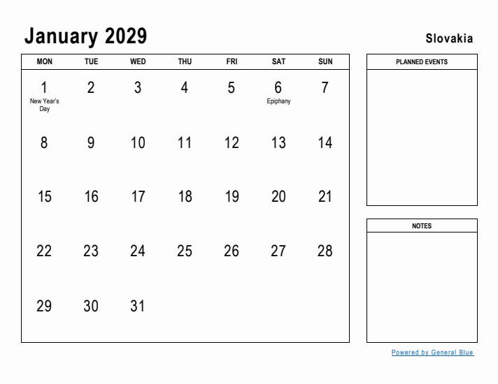 January 2029 Printable Monthly Calendar with Slovakia Holidays