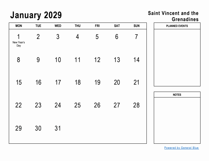 January 2029 Printable Monthly Calendar with Saint Vincent and the Grenadines Holidays