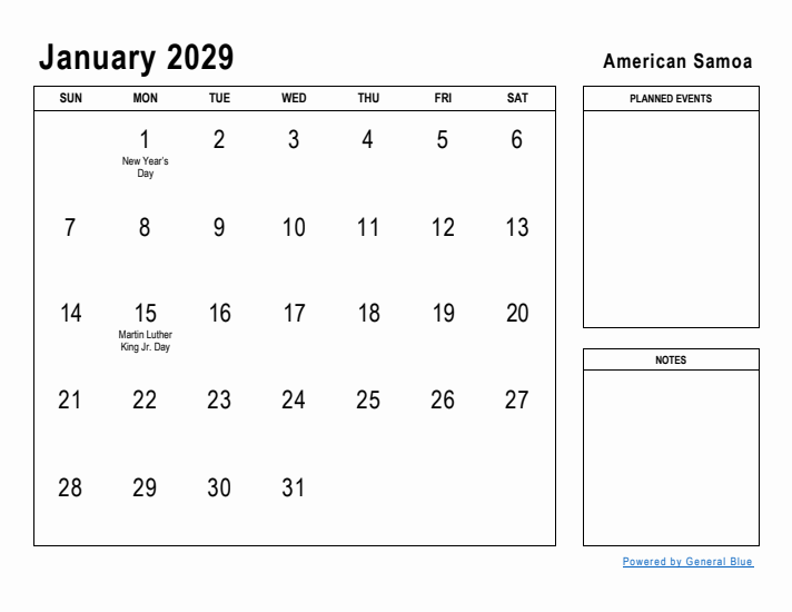 January 2029 Printable Monthly Calendar with American Samoa Holidays
