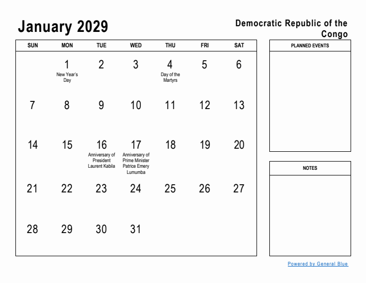 January 2029 Printable Monthly Calendar with Democratic Republic of the Congo Holidays
