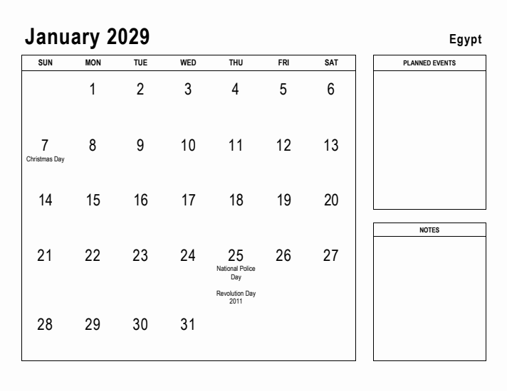January 2029 Printable Monthly Calendar with Egypt Holidays