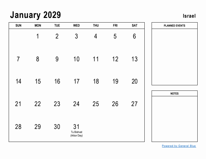 January 2029 Printable Monthly Calendar with Israel Holidays