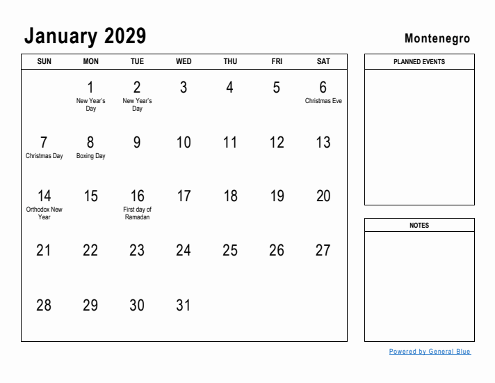 January 2029 Printable Monthly Calendar with Montenegro Holidays