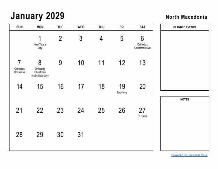January 2029 Printable Monthly Calendar with North Macedonia Holidays