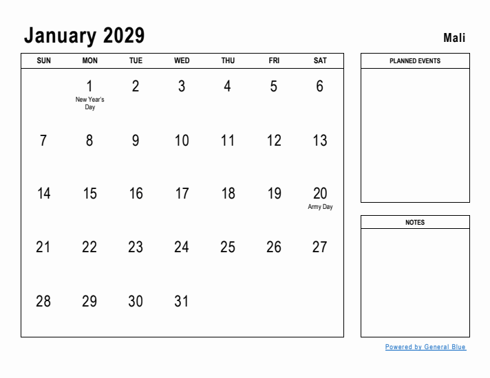 January 2029 Printable Monthly Calendar with Mali Holidays