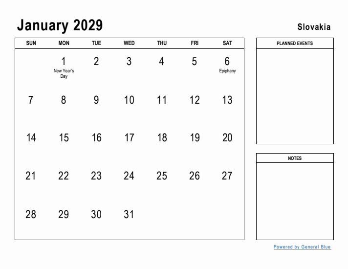 January 2029 Printable Monthly Calendar with Slovakia Holidays