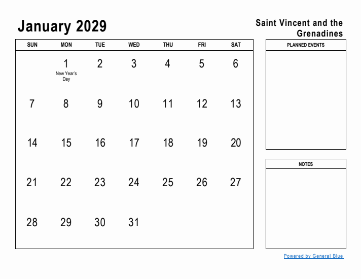 January 2029 Printable Monthly Calendar with Saint Vincent and the Grenadines Holidays