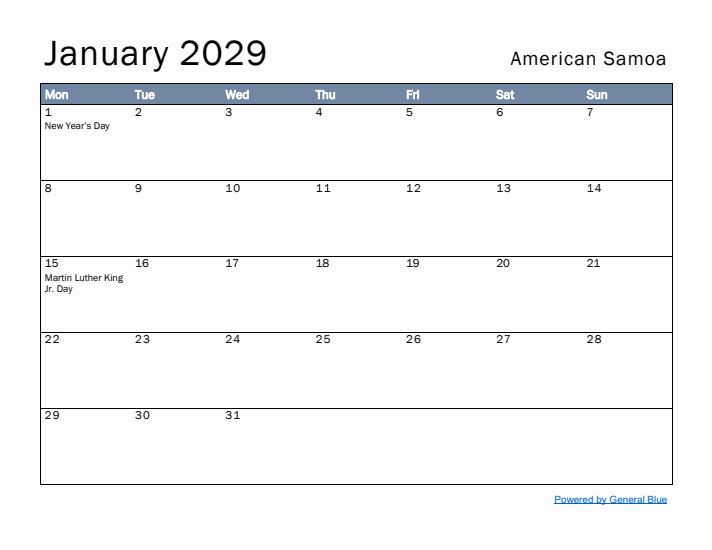 January 2029 Simple Monthly Calendar for American Samoa