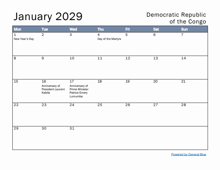 January 2029 Simple Monthly Calendar for Democratic Republic of the Congo
