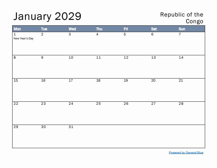 January 2029 Simple Monthly Calendar for Republic of the Congo