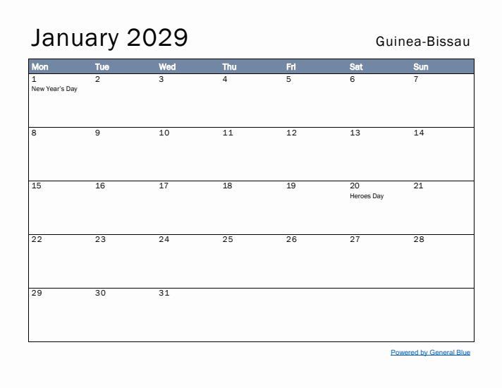 January 2029 Simple Monthly Calendar for Guinea-Bissau