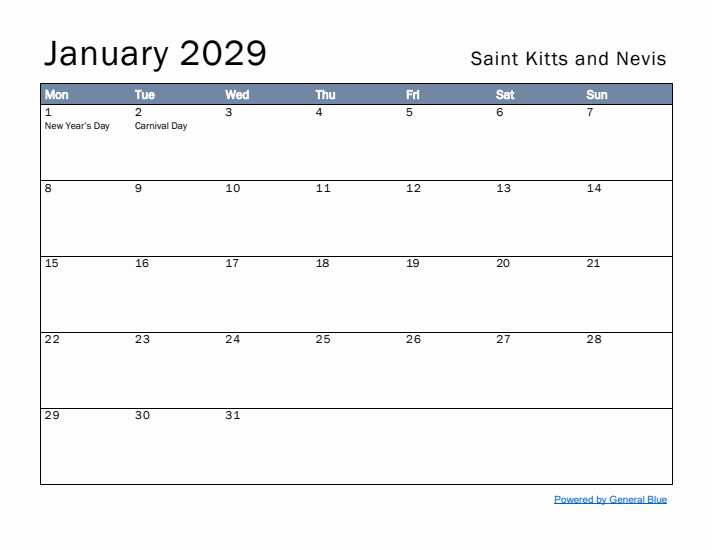 January 2029 Simple Monthly Calendar for Saint Kitts and Nevis