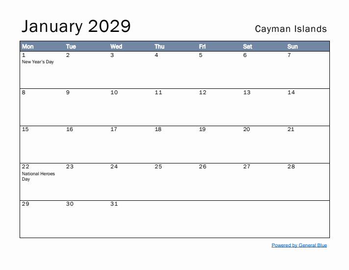 January 2029 Simple Monthly Calendar for Cayman Islands