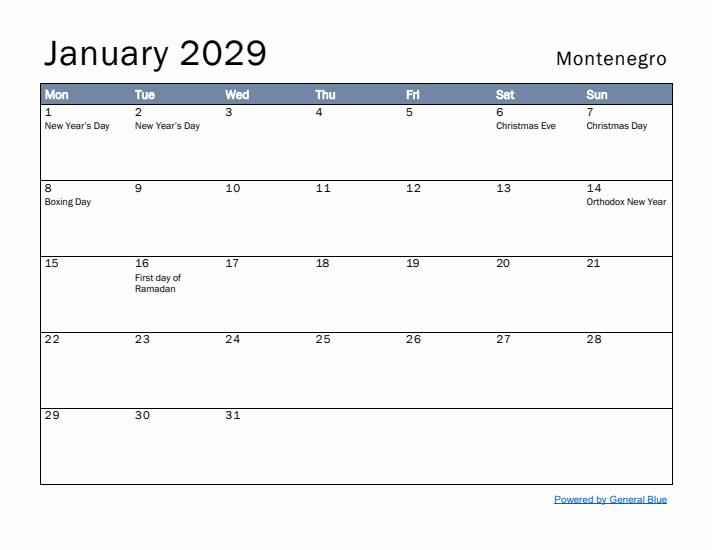 January 2029 Simple Monthly Calendar for Montenegro