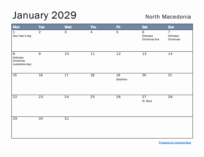 January 2029 Simple Monthly Calendar for North Macedonia