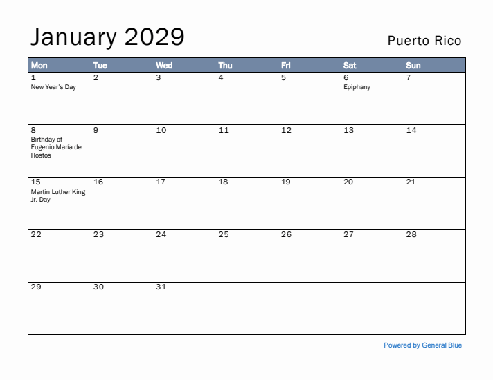 January 2029 Simple Monthly Calendar for Puerto Rico