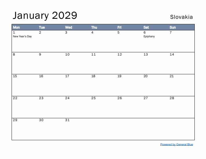 January 2029 Simple Monthly Calendar for Slovakia