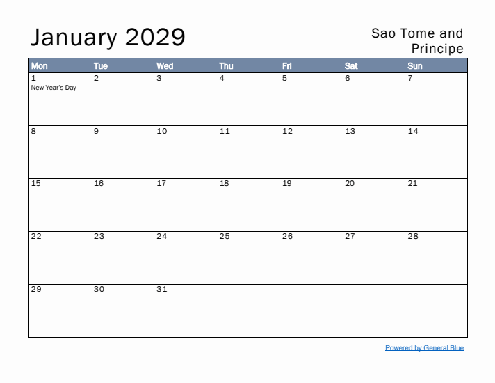 January 2029 Simple Monthly Calendar for Sao Tome and Principe