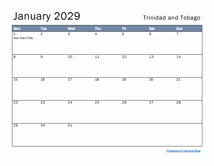January 2029 Simple Monthly Calendar for Trinidad and Tobago