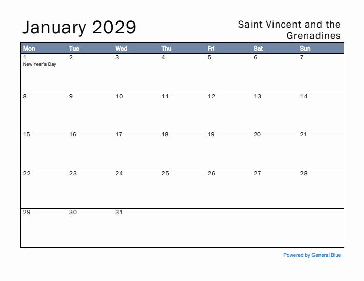 January 2029 Simple Monthly Calendar for Saint Vincent and the Grenadines
