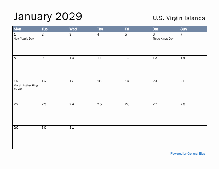 January 2029 Simple Monthly Calendar for U.S. Virgin Islands