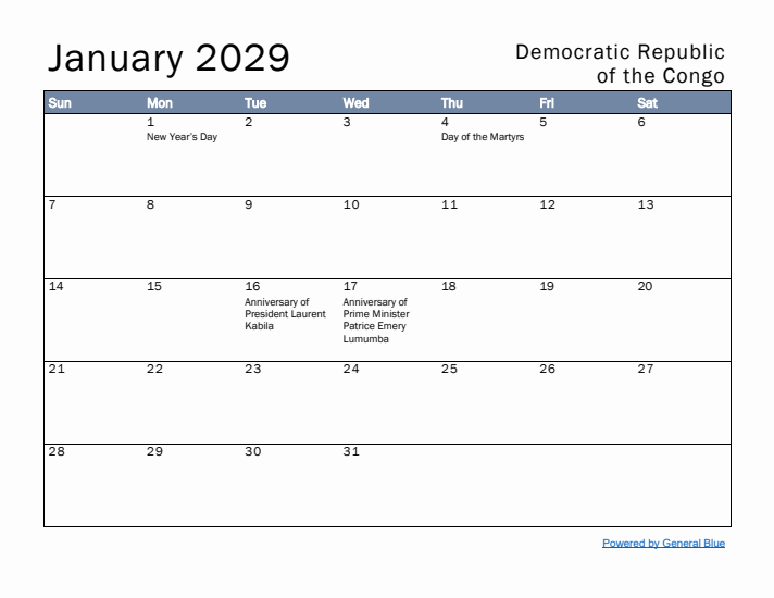 January 2029 Simple Monthly Calendar for Democratic Republic of the Congo