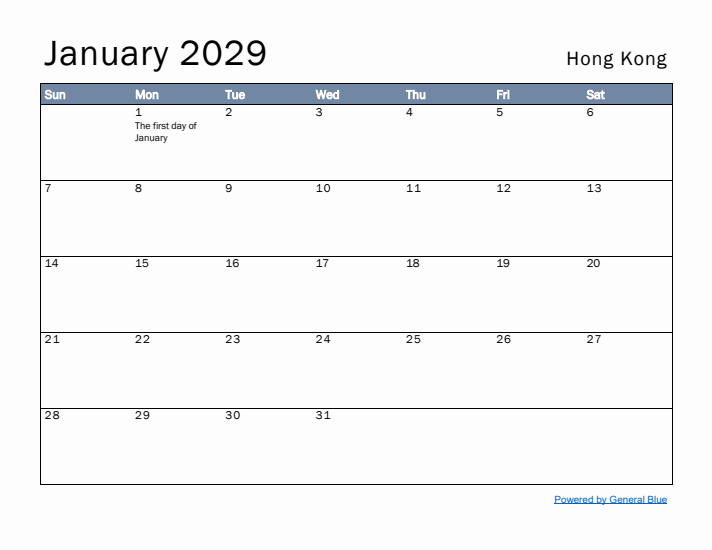 January 2029 Simple Monthly Calendar for Hong Kong