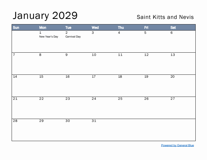 January 2029 Simple Monthly Calendar for Saint Kitts and Nevis