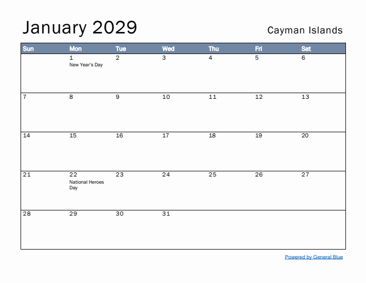 January 2029 Simple Monthly Calendar for Cayman Islands
