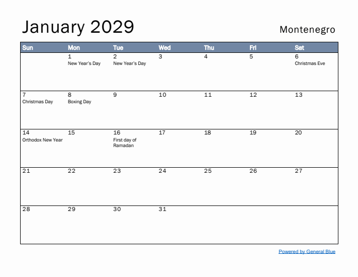 January 2029 Simple Monthly Calendar for Montenegro