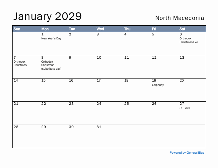 January 2029 Simple Monthly Calendar for North Macedonia