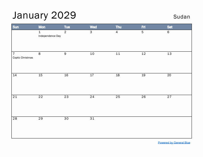 January 2029 Simple Monthly Calendar for Sudan