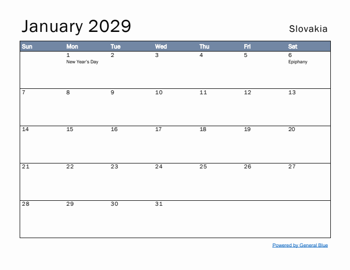 January 2029 Simple Monthly Calendar for Slovakia