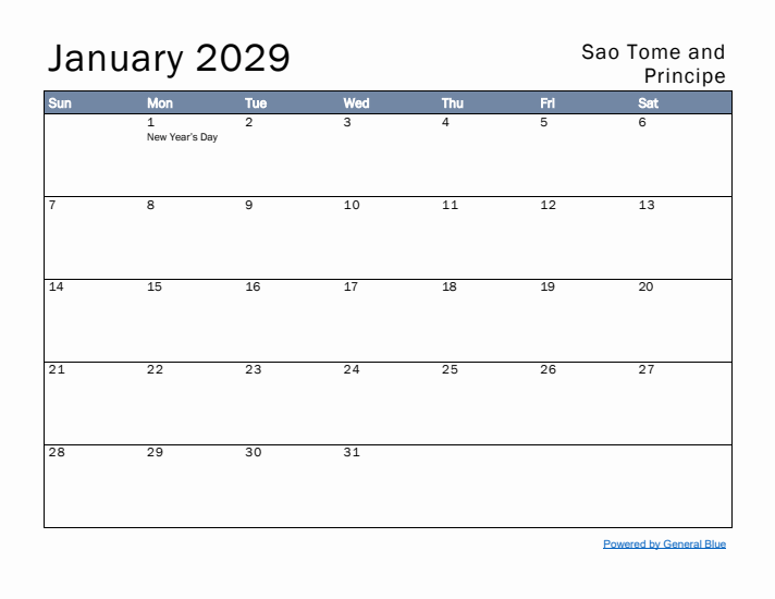 January 2029 Simple Monthly Calendar for Sao Tome and Principe