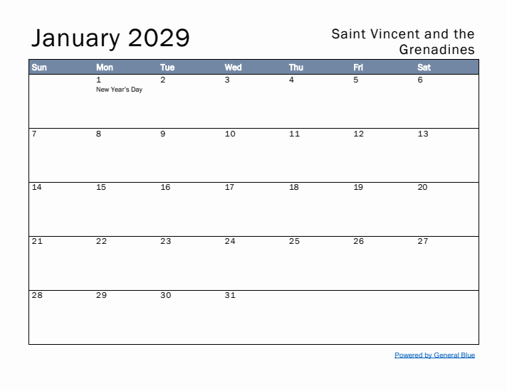 January 2029 Simple Monthly Calendar for Saint Vincent and the Grenadines