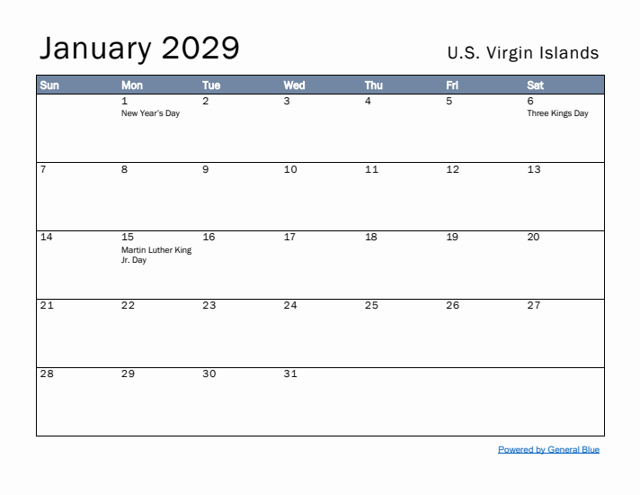 January 2029 Simple Monthly Calendar for U.S. Virgin Islands