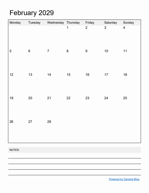 Basic Monthly Calendar Template for February 2029