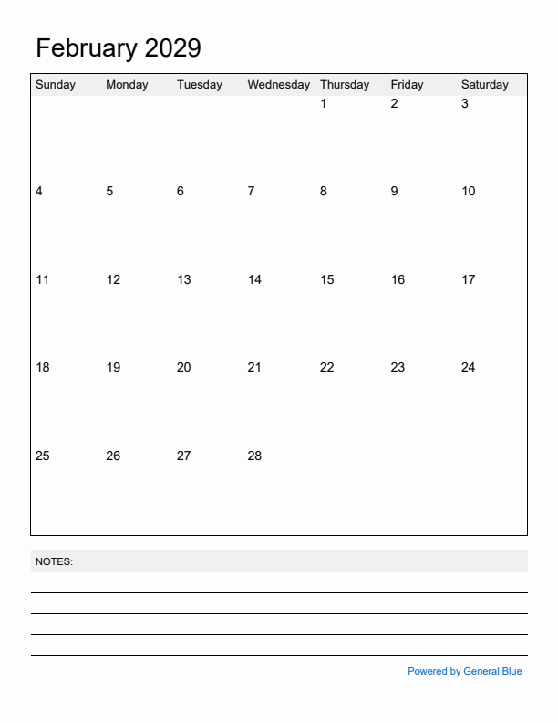 Basic Monthly Calendar Template for February 2029
