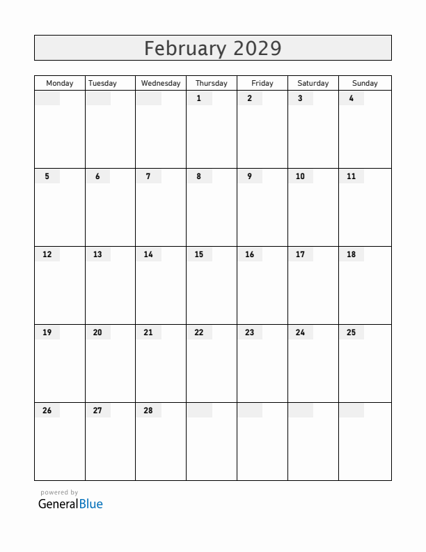 Blank February 2029 Calendar