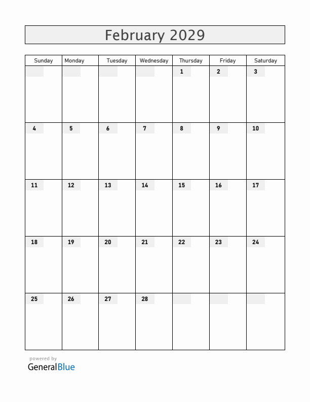 Blank February 2029 Calendar