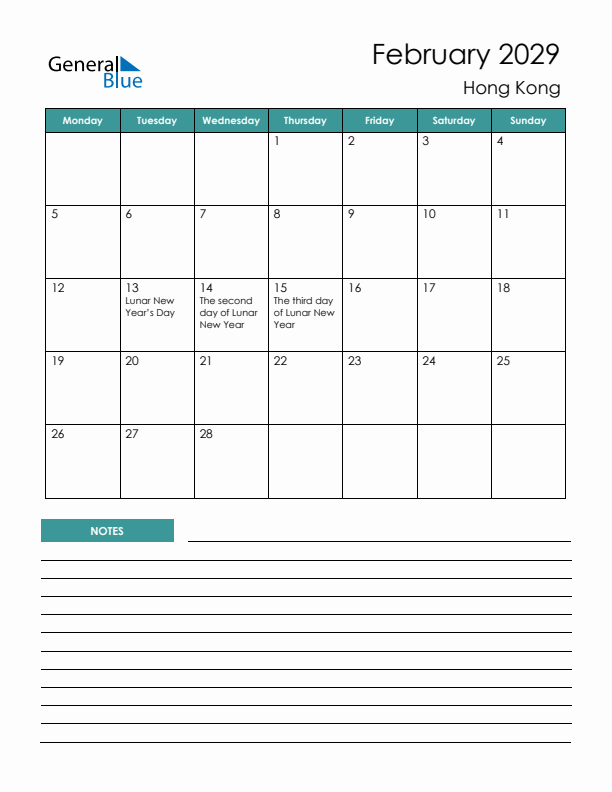Calendar with Notes Printable - Monday Start