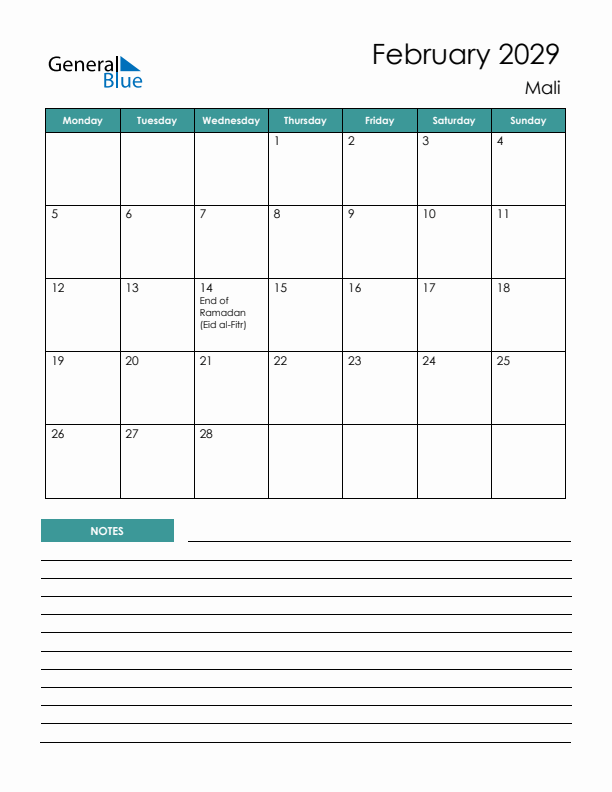 Calendar with Notes Printable - Monday Start