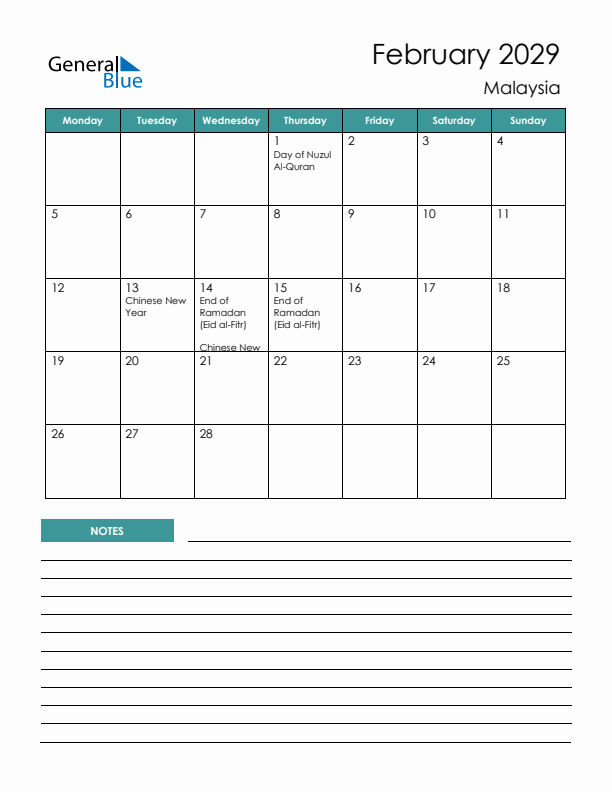 Calendar with Notes Printable - Monday Start
