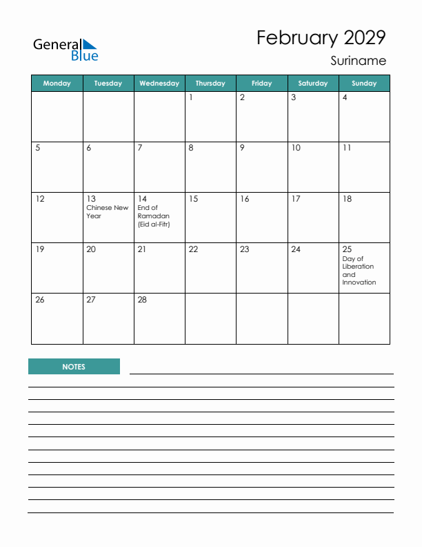 Calendar with Notes Printable - Monday Start
