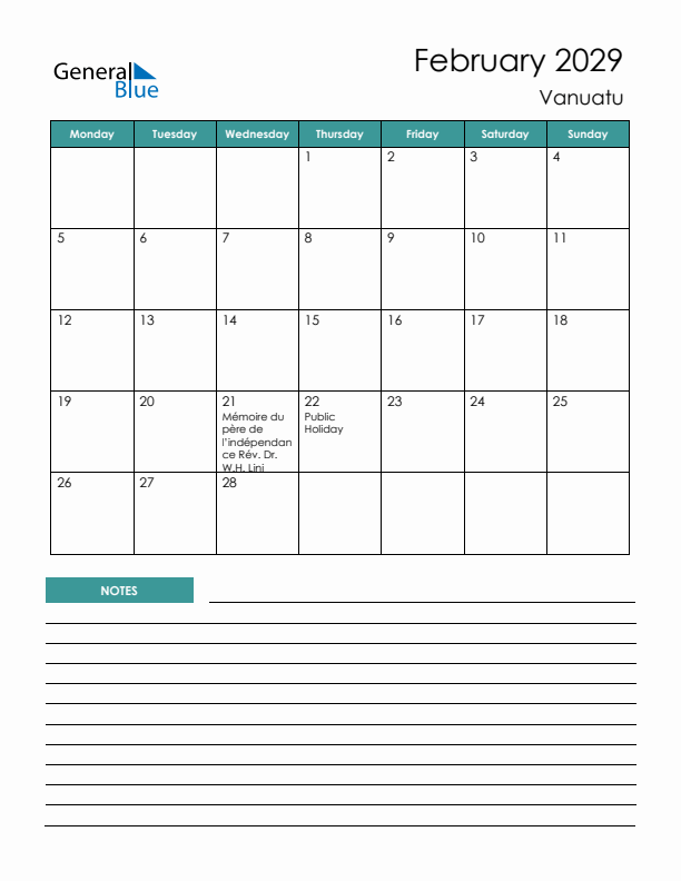 Calendar with Notes Printable - Monday Start