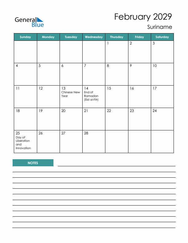 Calendar with Notes Printable - Sunday Start